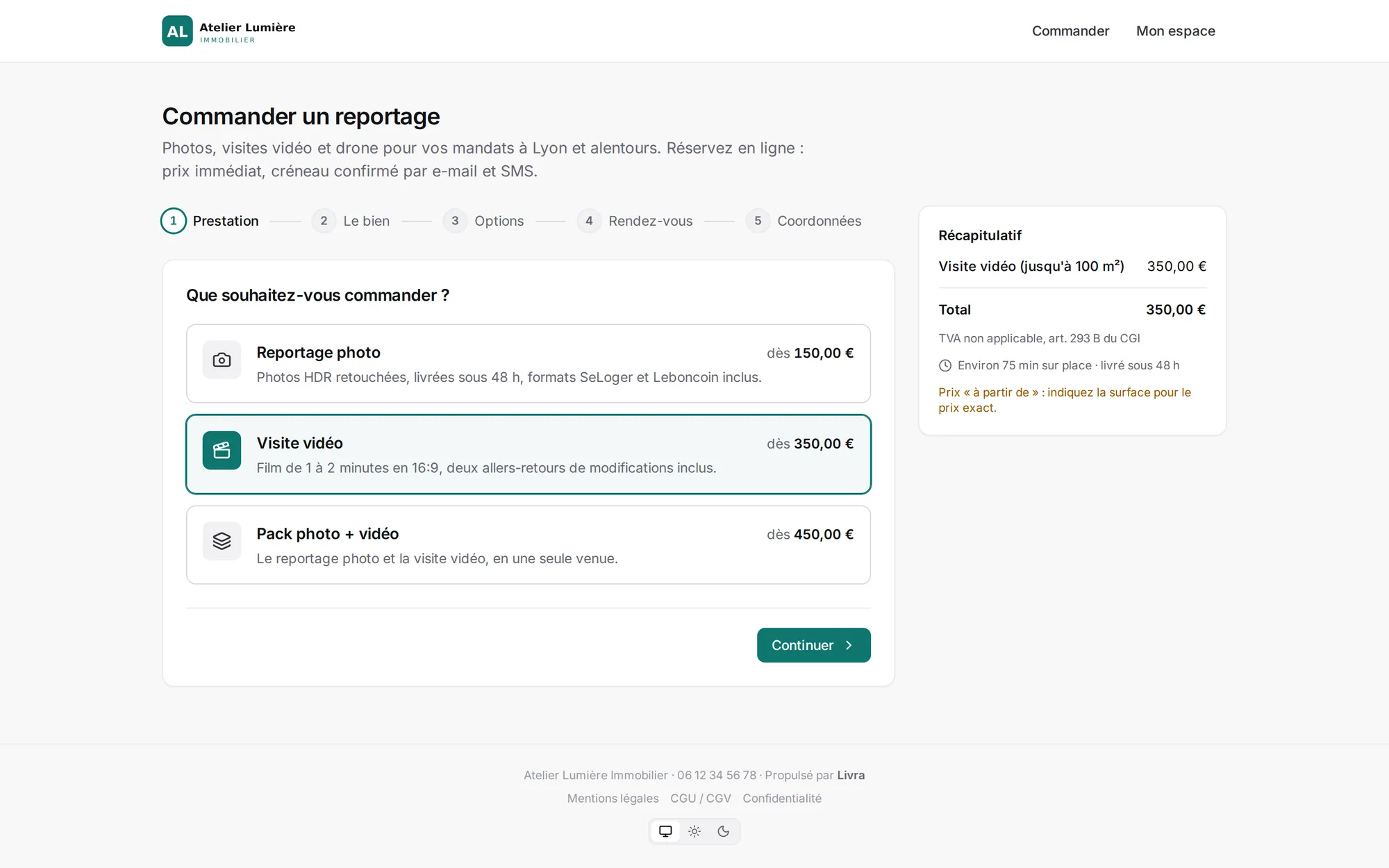 La page de commande en ligne : prestations, prix immédiat et récapitulatif