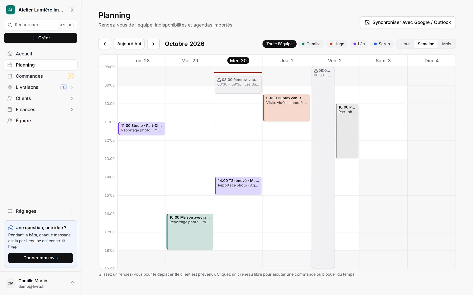 Le planning de la semaine avec les rendez-vous de l'équipe